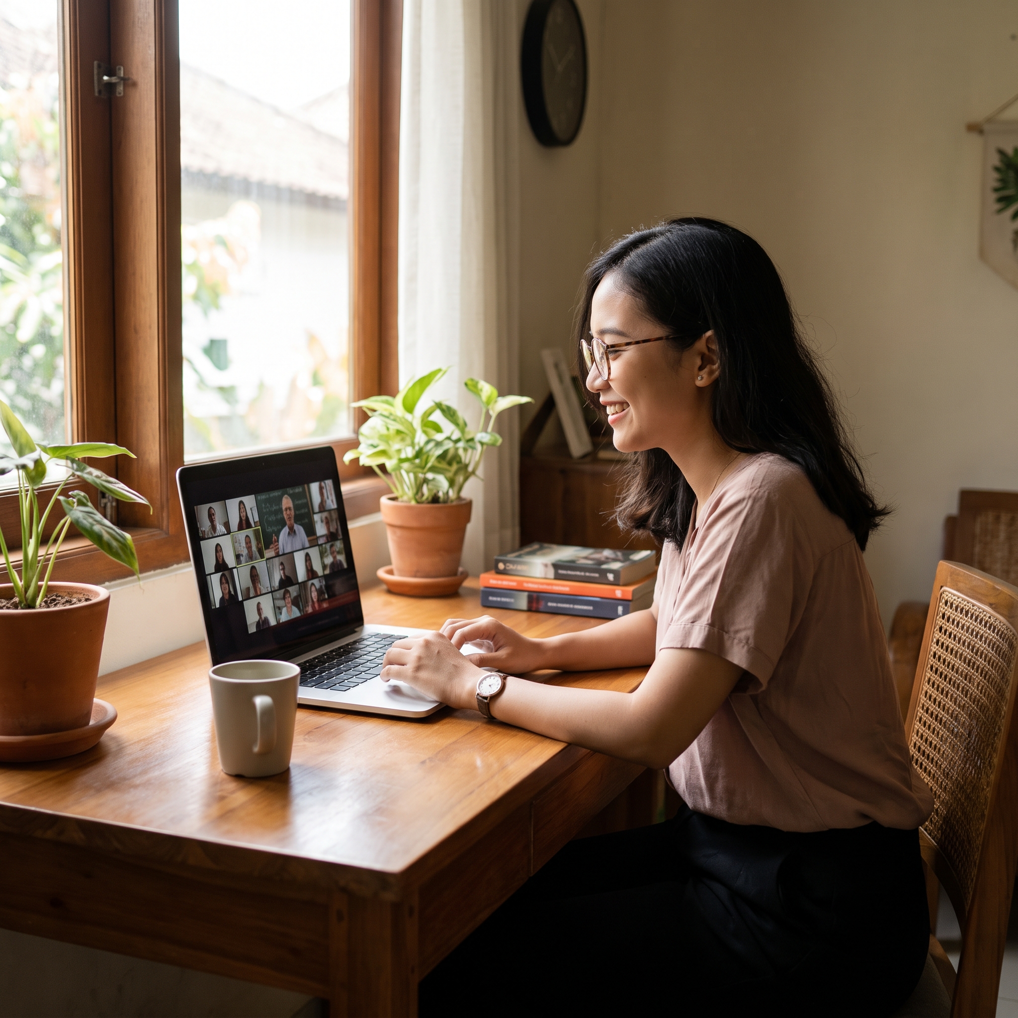 Peserta mengikuti kelas bahasa live interaktif bersama pengajar melalui laptop